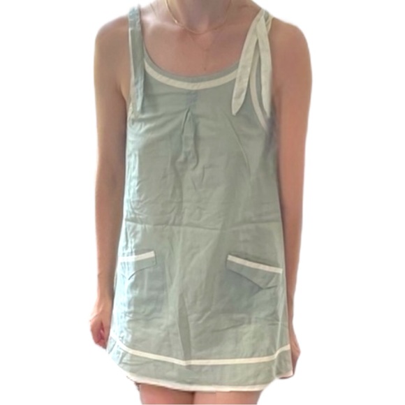 Y2K Rag & Bone Green Cream Linen Sleeveless Babydoll Mini Dress / Tunic • 2 / XS - Picture 13 of 15
